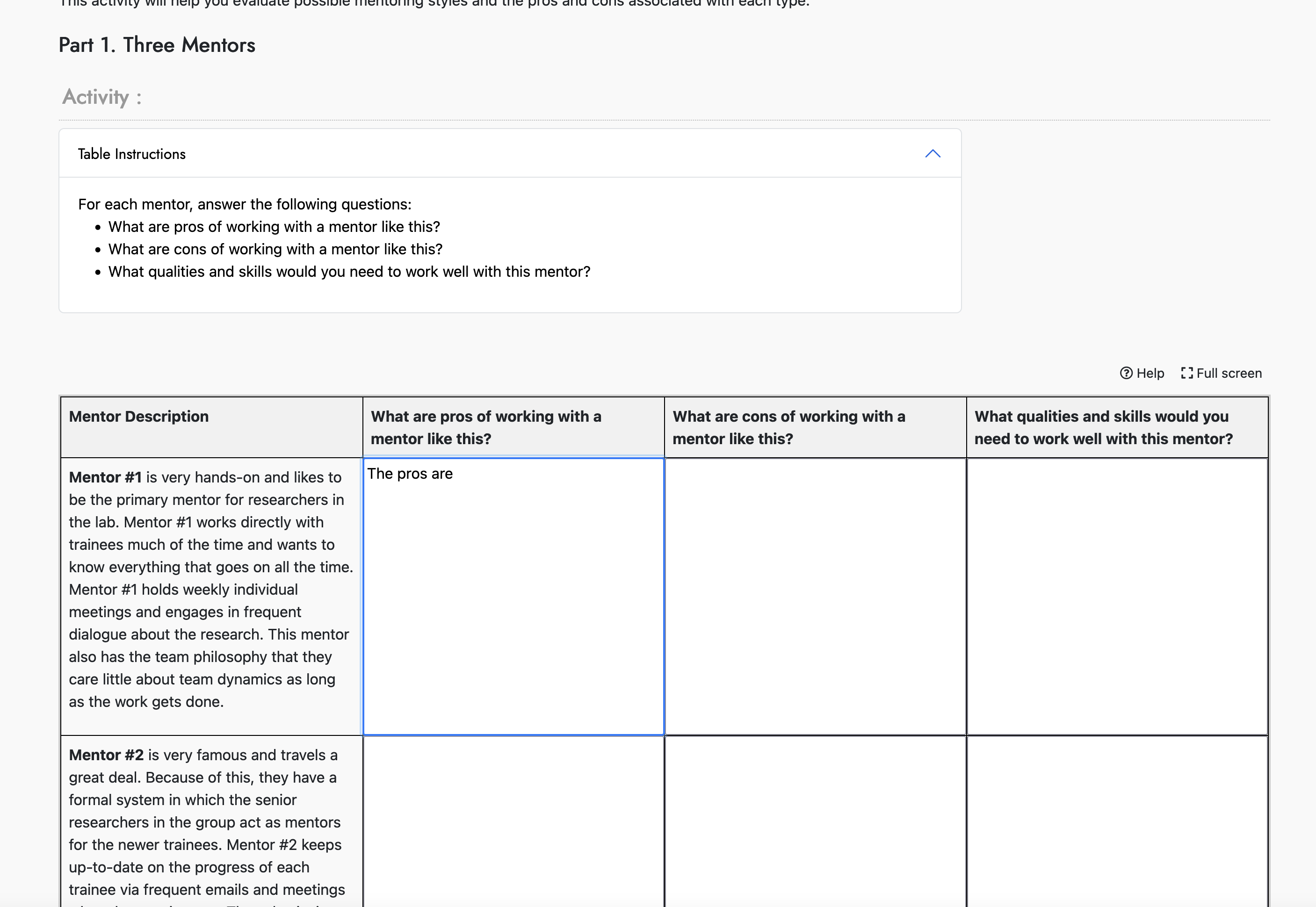 Screenshot of a table tool activity